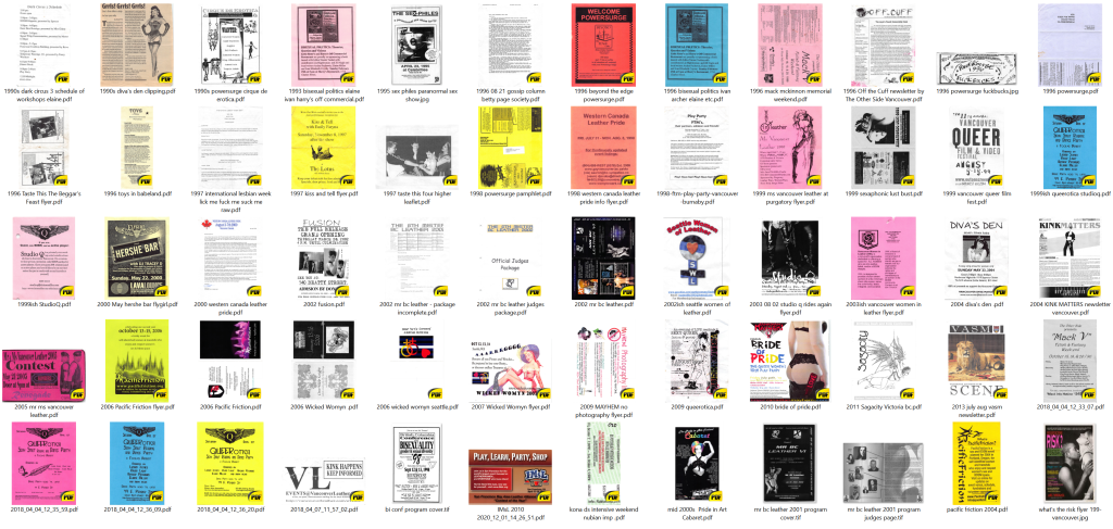 A screenshot of thumbnails and filenames of a tiny segment of Elaine's personal collection of scanned leather community documents.